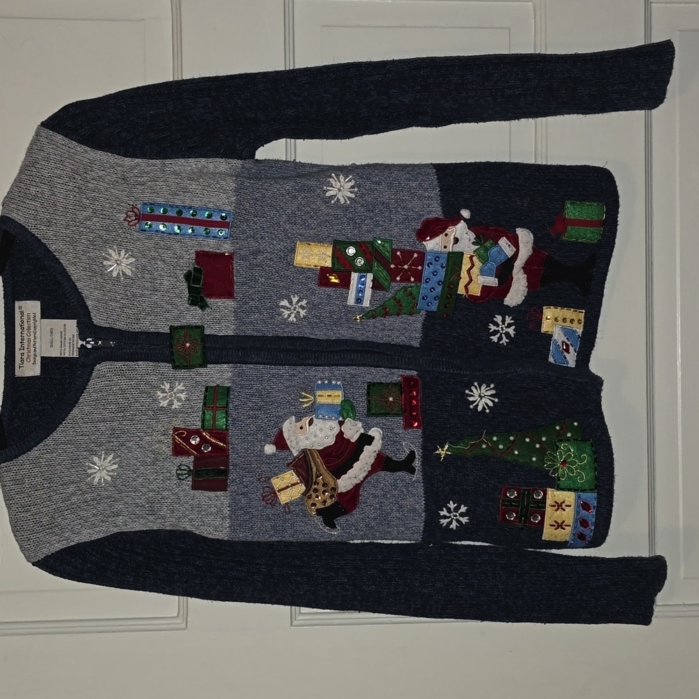 Tiara International Christmas Full Zip Sweater Santa Claus & Presents Size S